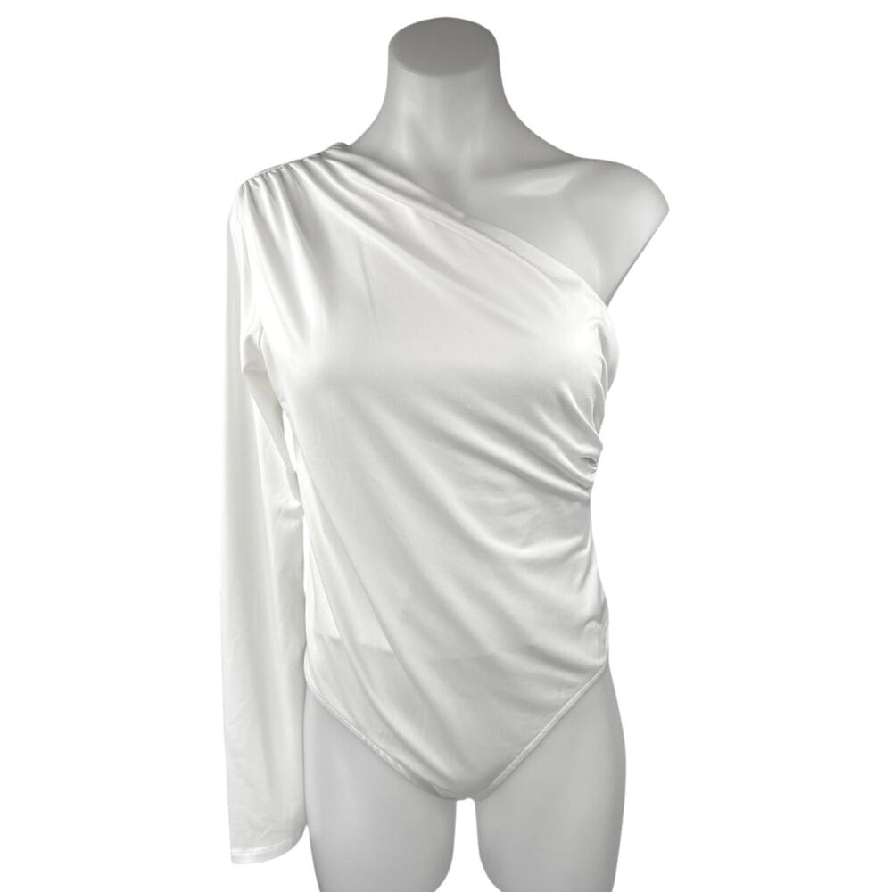 Zara Women's White One Shoulder Long Sleeve Ruched Bodysuit Blouse Top Size L